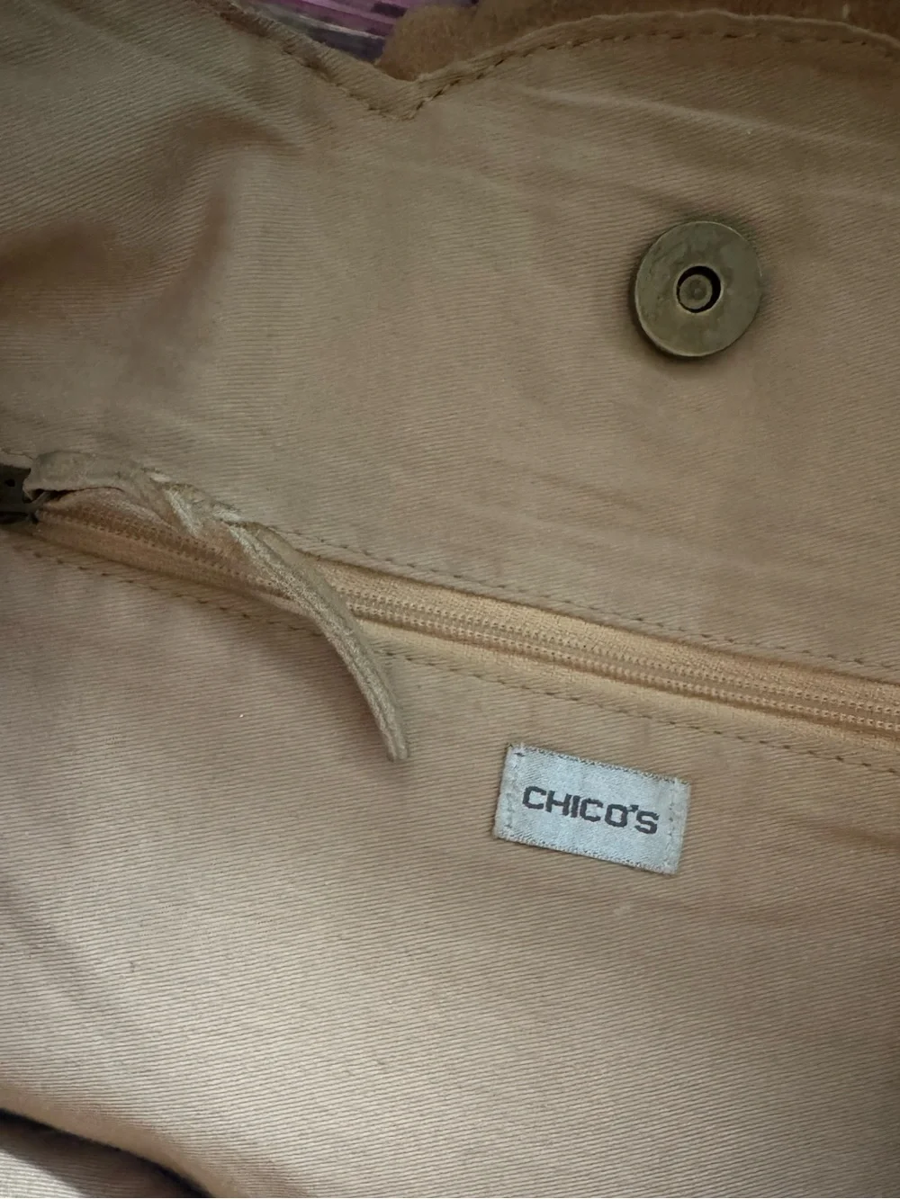 Chico's Tan Suede Hobo with Silver Trim and Studded Medallion Center